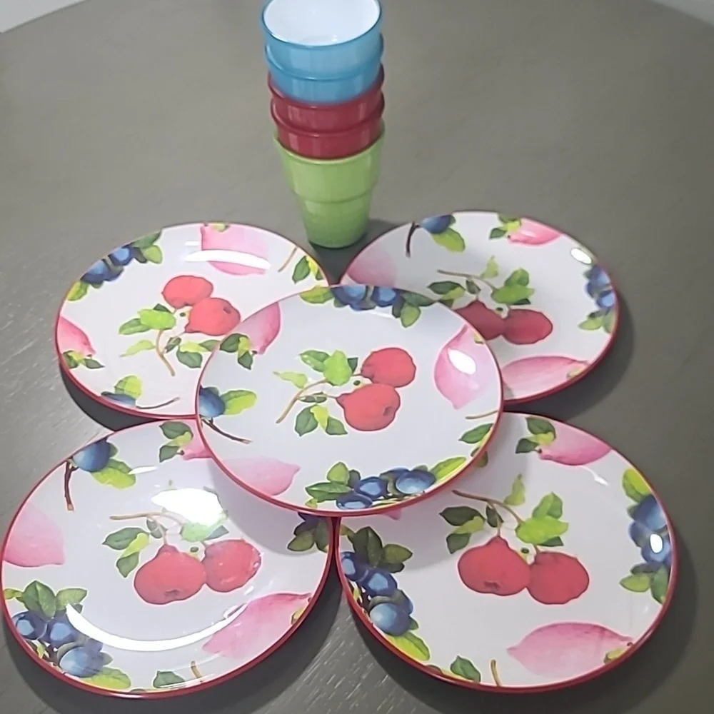 Set Of 5 Cynthia Rowley Whim Melamine Fruit Salad Plates With 5 Barrel Cups
